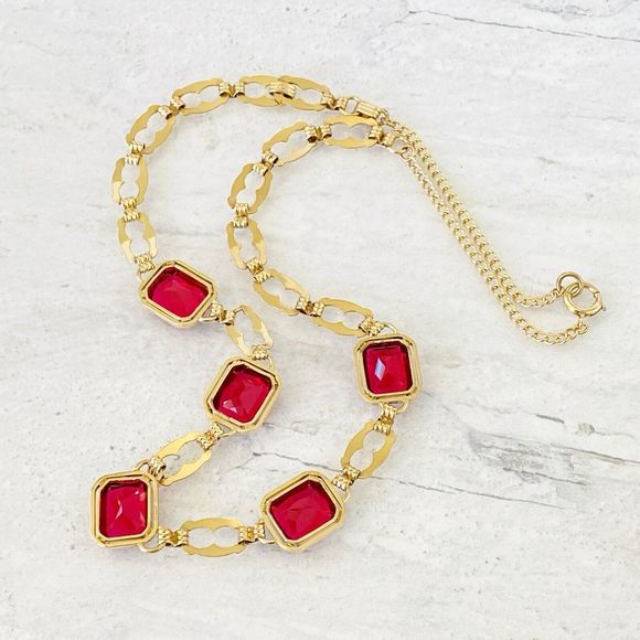 Harry S Bick Ruby Glass Gold Filled Necklace 20 In Vintage Signed Stunner - Picture 11 of 11